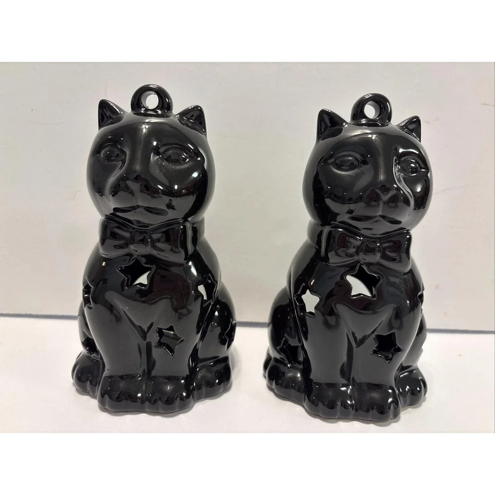 2 Vintage Halloween Ceramic Black Cat Star Cutouts Tealight Candle Holders Decor